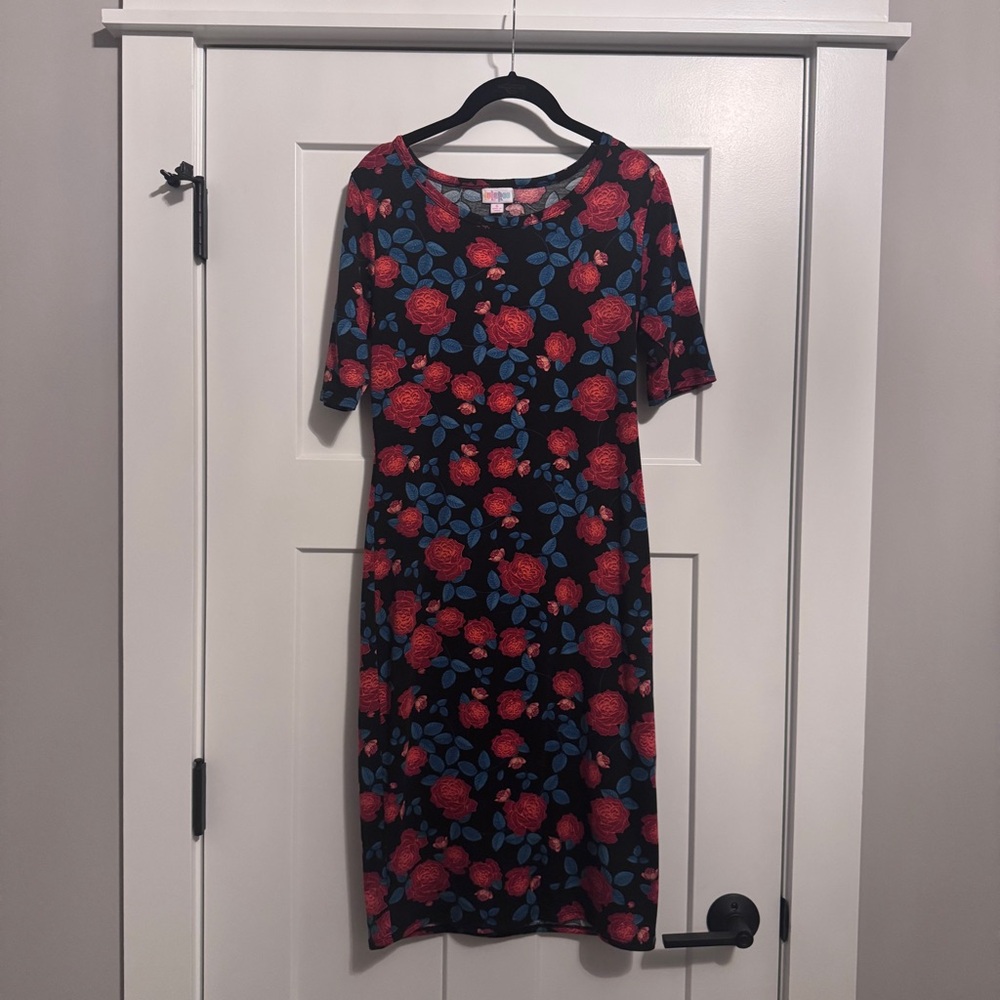LuLaRoe Julia Size Small Black Dress with Red and Blue Floral Design